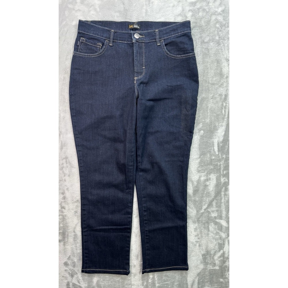 Lee Women Sz 8 Petite Dark Blue Jeans Straight Leg Stretch Classic Fit Mid Rise
